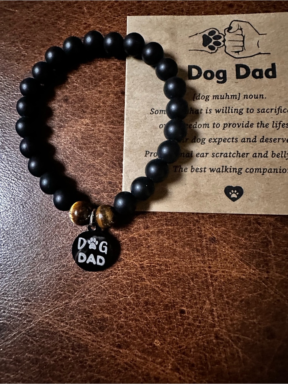 Dog Dad Black Beaded Bracelet with Brown tiger eye bead Accents